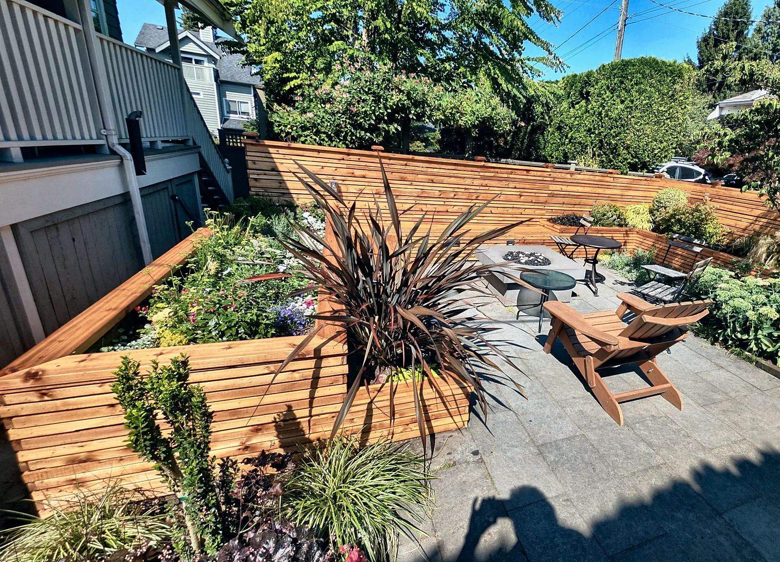Seating area beside the cedar screen