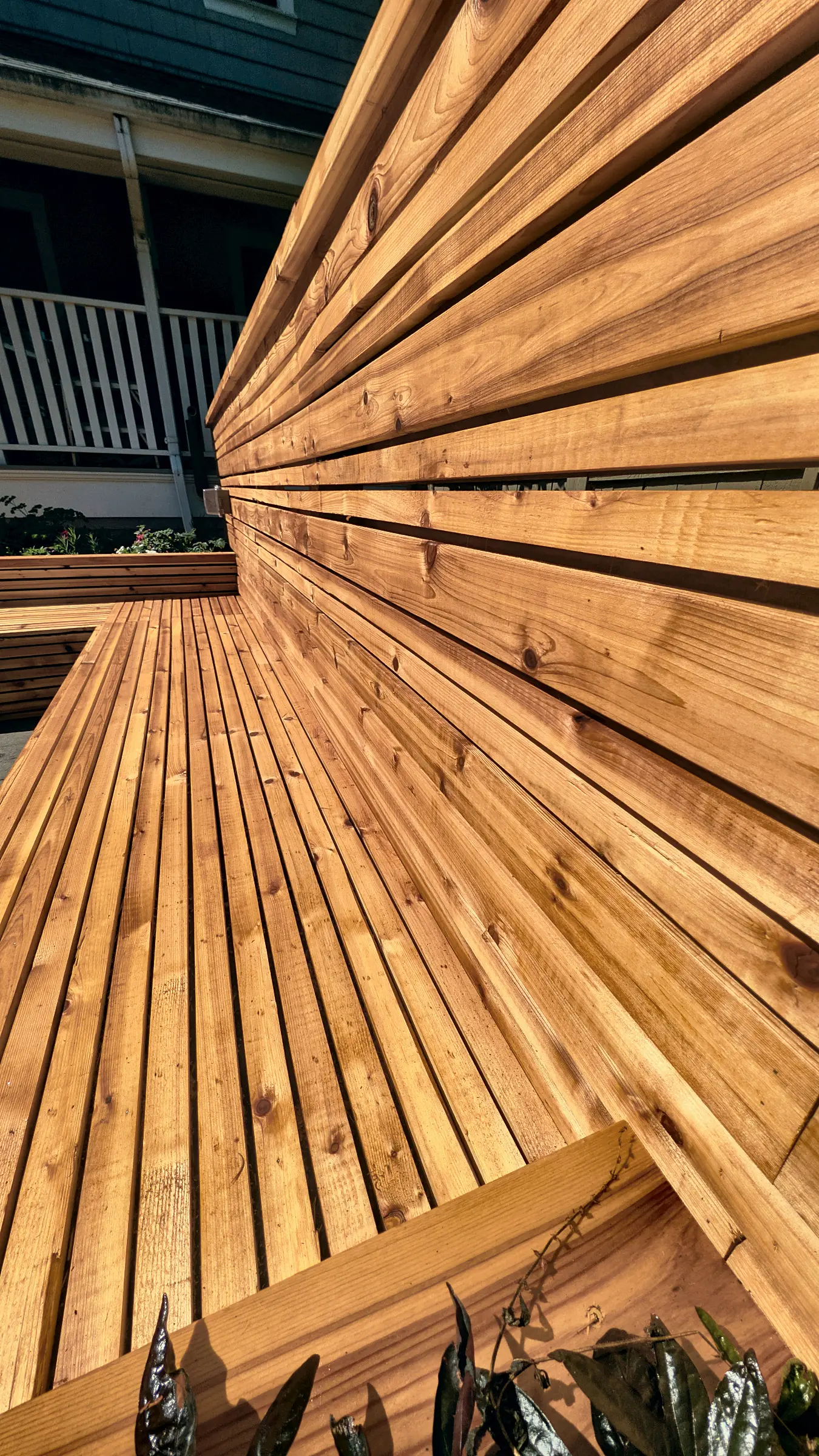 Cedar bench built into the corner