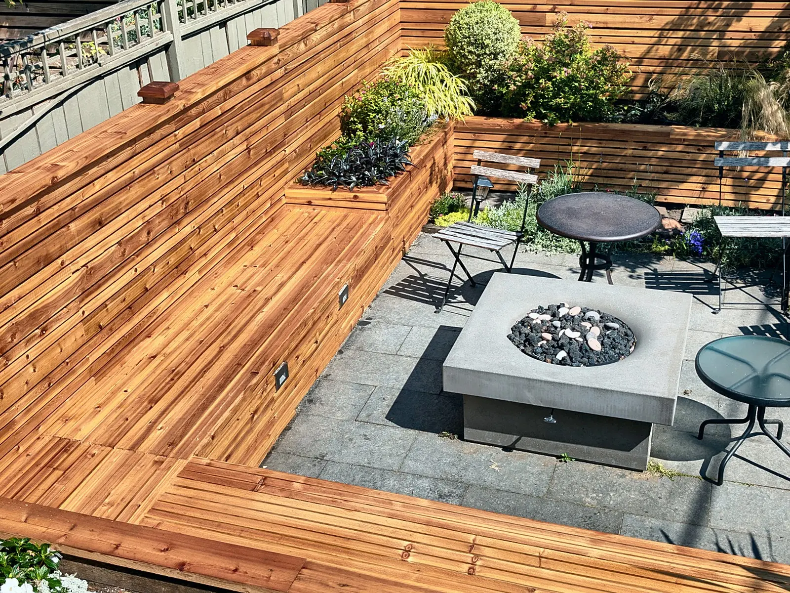 After: Horizontal cedar fence, planters and seating, Kitsilano, Vancouver