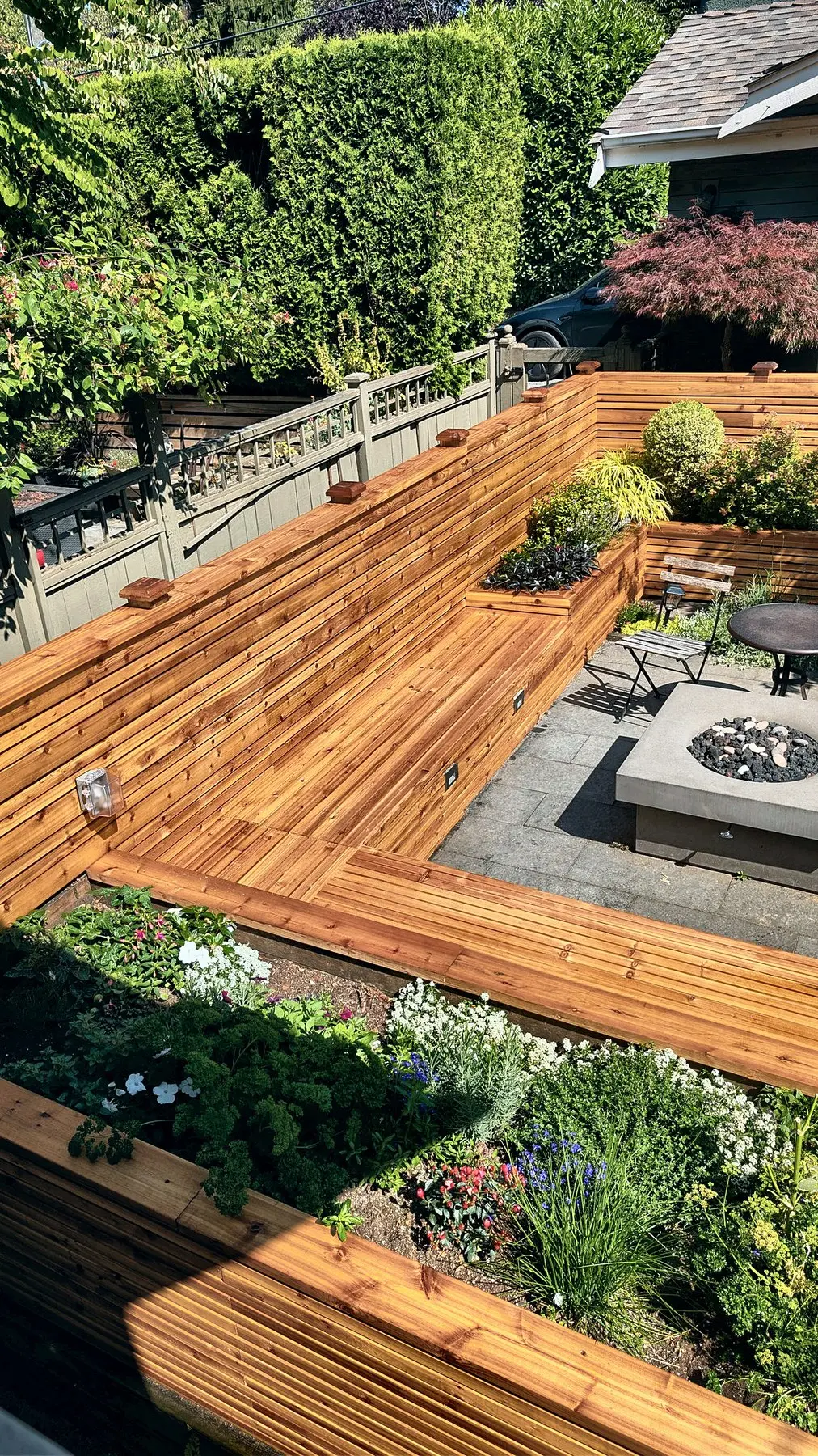 Planters and benches around the patio, from above