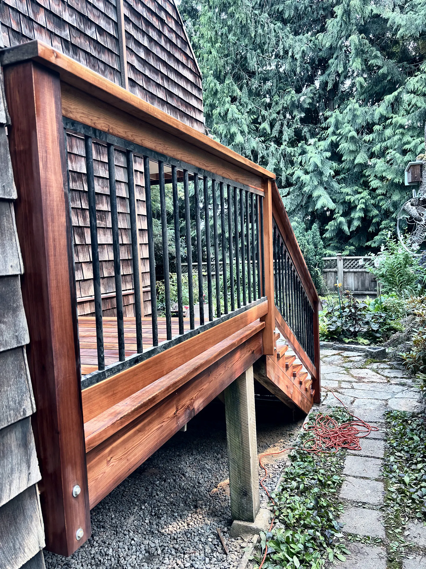 The new railing and landing