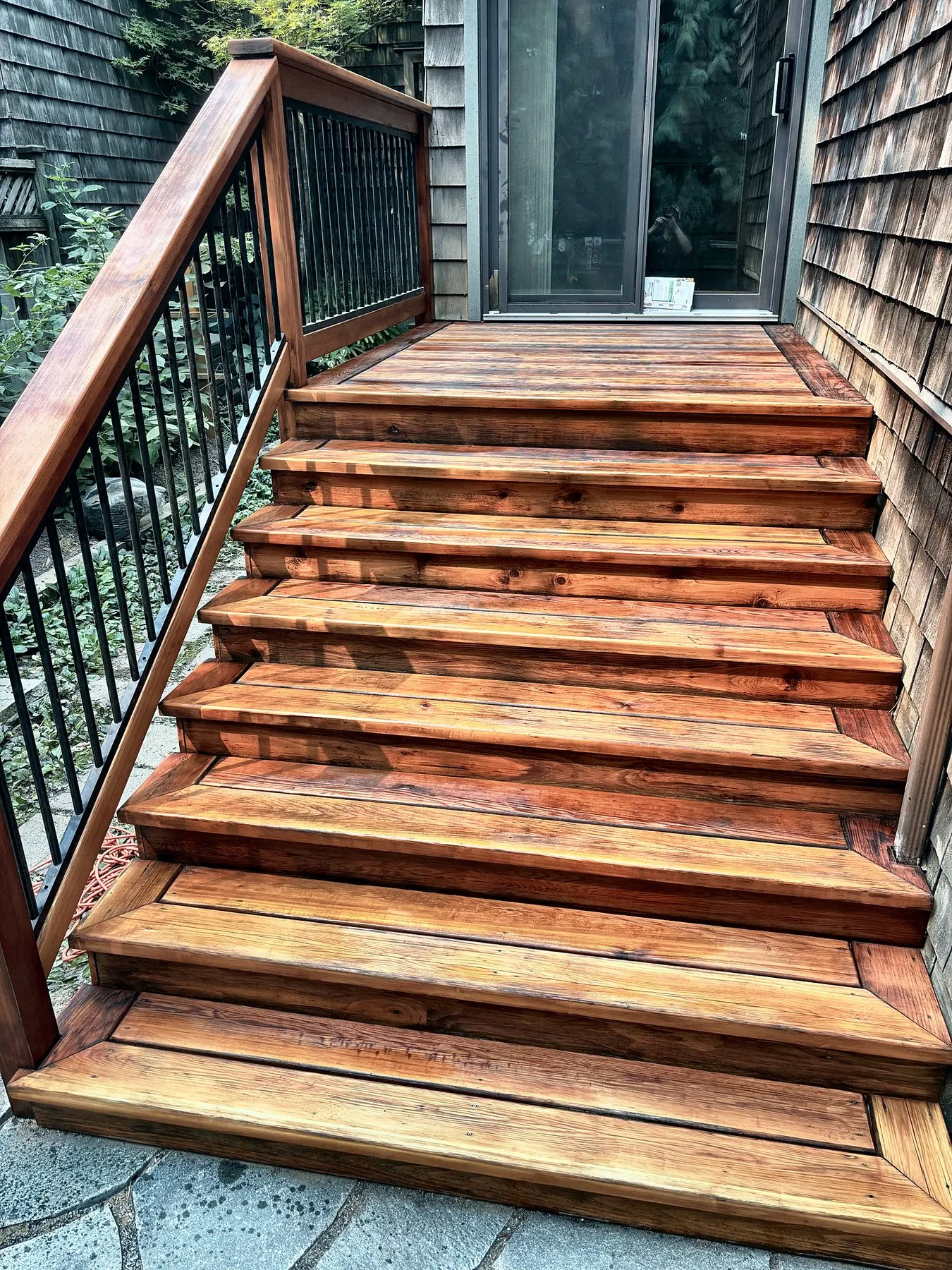 Cedar stairs and railing, rebuilt and stained, Champlain Heights